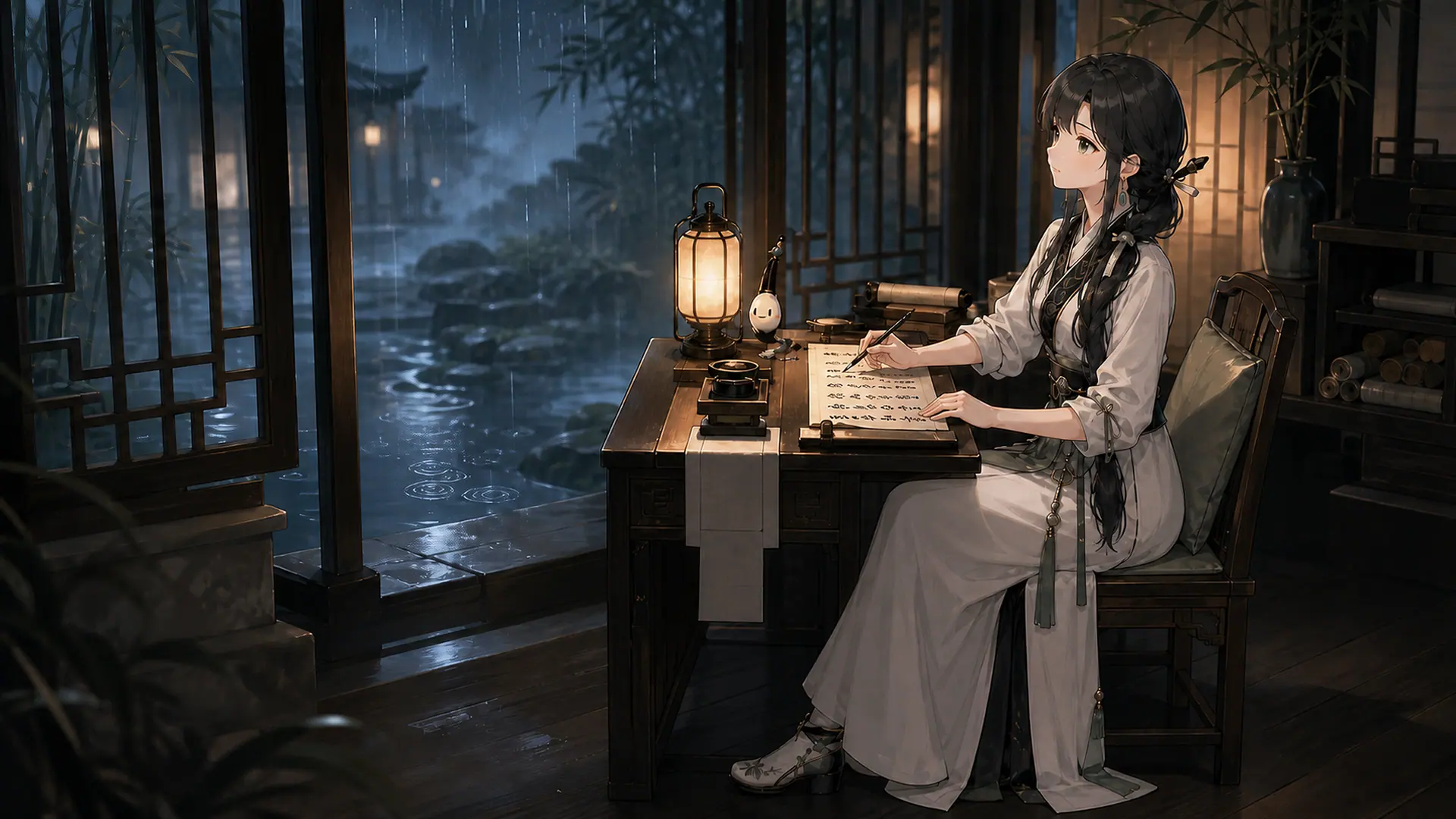 雨夜書齋，燈下伏案寫字的人